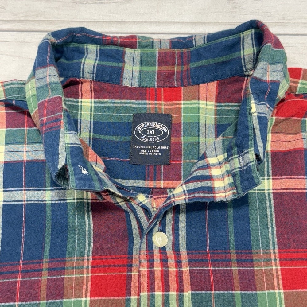 Brooks Brothers Shirt Mens 1XL Blue Red Green Plaid Indian Madras Colorful